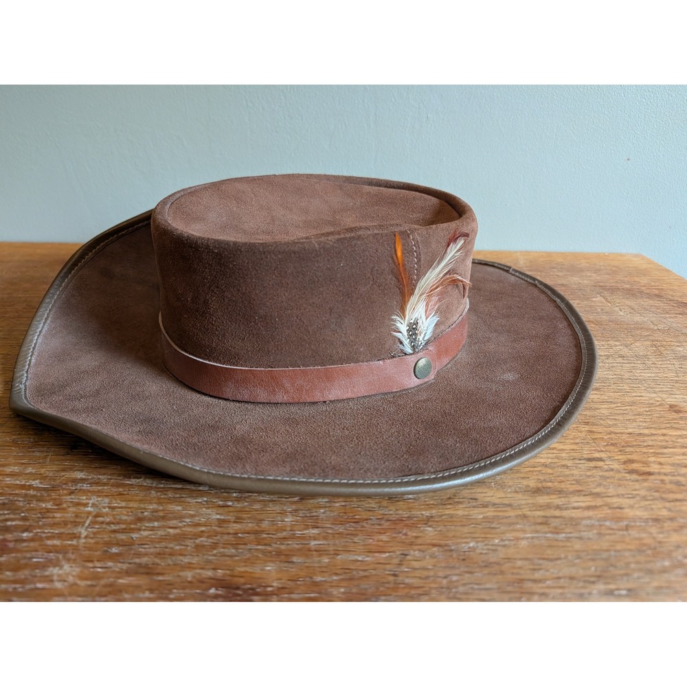 Winfield Cover Co San Francisco Brown Suede Flat Top Cowboy Hat Mens Lrg Feather